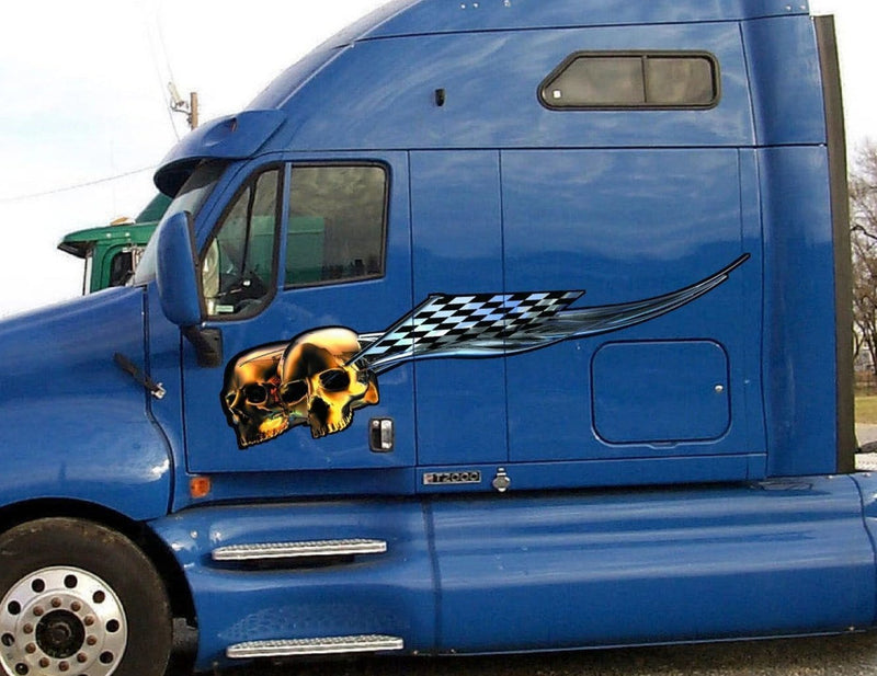 gold skull checkered flag stripe on blue semi trailer